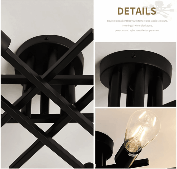 Semi Flush Mount Modern Ceiling Light Fixture， 6 Lights Black Vintage Matte Sputnik Chandelier Ceiling Lamp with E26 Bulb Base for Farmhouse Dining Room Living Room Bedroom Study Kitchen - Image 8