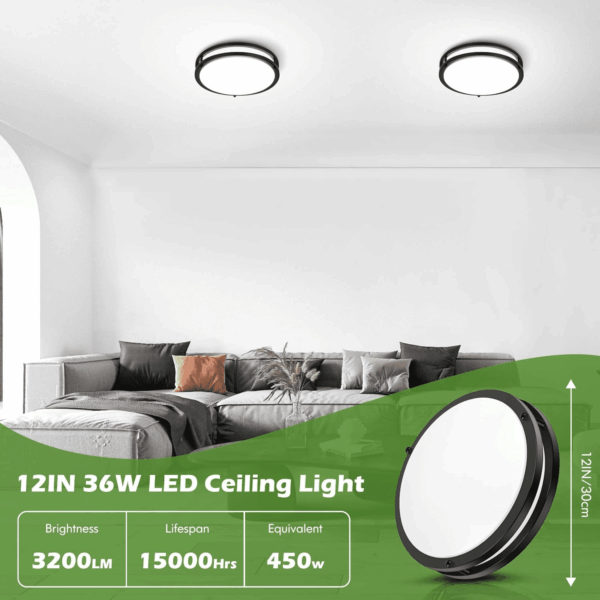 12 Inch Flush Mount Ceiling Lights, 36W 3200LM Black Dimmable Light Fixtures Ceiling Mount, 3000K-5000K Selectable Modern Kitchen Light Fixtures for Stairwell, Balcony, Corridor, Laundry (2-Pack) - Image 4
