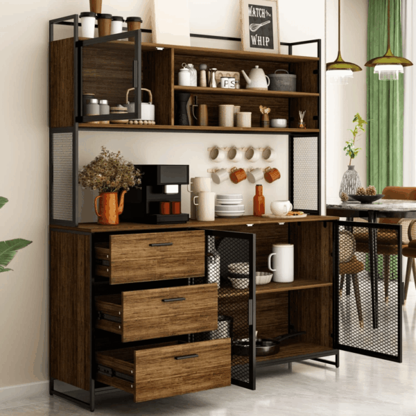 Modern Wood Sideboard Buffet Storage Cabinet with Hutch, 3 Metal Mesh Doors, 3 Drawers & Shelves, Kitchen Pantry Cupboard Console Table for Living Room, Dining Room, Brown - Image 3