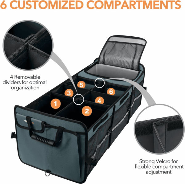 Large Trunk Organizer with Built-In Leakproof Cooler Bag, 2 Tie-Down Straps, 4 Removable Dividers, Foldable Cover, Built with 2Mm PE Board, Gray - Image 6