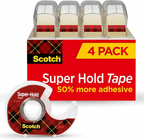 Super-Hold Tape, 4 Rolls, Transparent Finish, 50% More Adhesive, Trusted Favorite, 3./4 X 650 Inches, Dispensered (4198)