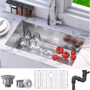 Kitchen Undermount Sink 32In 304 Stainless Steel Single Bowl Silver Sink with Bottom Grid Assembly, for Workstation, Prep Kitchen, Bar 32 X 19 X 10In