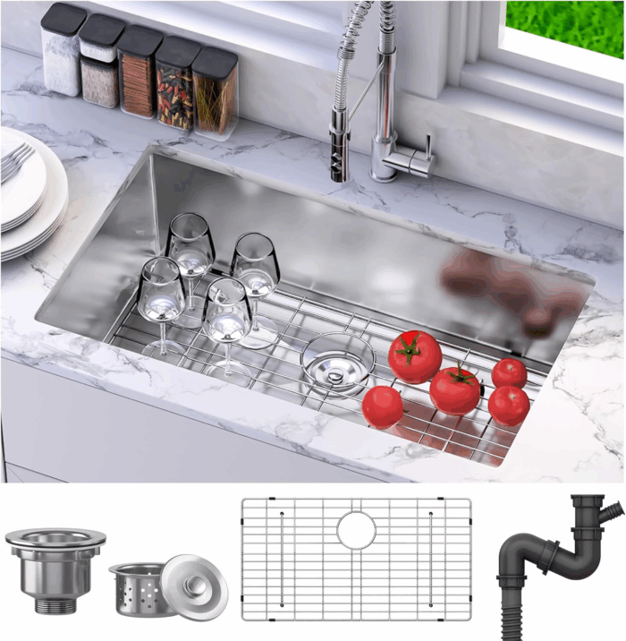 Kitchen Undermount Sink 32In 304 Stainless Steel Single Bowl Silver Sink with Bottom Grid Assembly, for Workstation, Prep Kitchen, Bar 32 X 19 X 10In