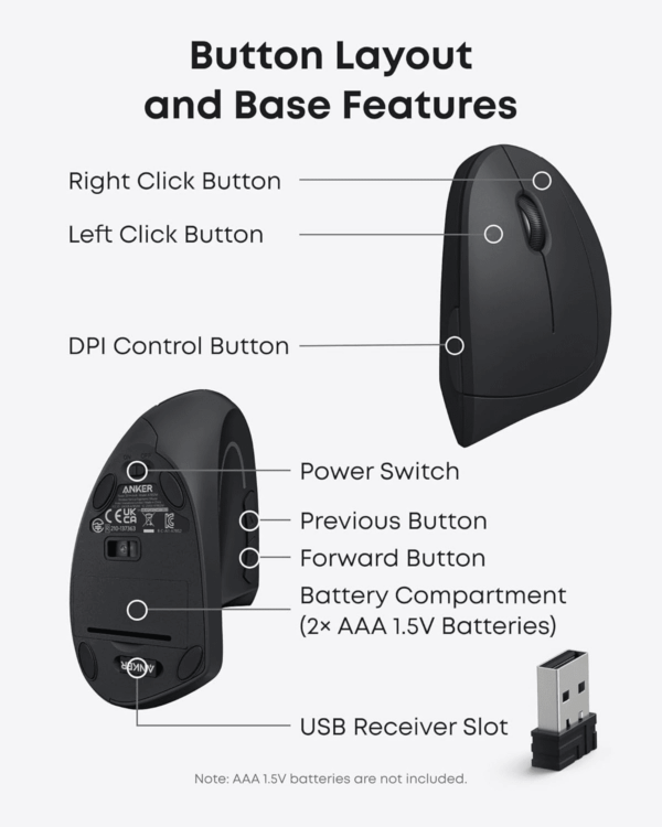 2.4G Wireless Vertical Ergonomic Optical Mouse for Work, Multi-Device Connectivity, 800 / 1200 /1600 DPI, 5 Buttons for Laptop, Desktop, PC - Black - Image 4