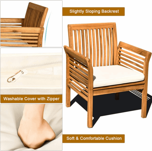 4 Piece Outdoor Acacia Wood Sofa Set with Water Resistant Cushions, Padded Patio Conversation Table Chair Set W/Coffee Table for Garden, Backyard, Poolside (1) - Image 7