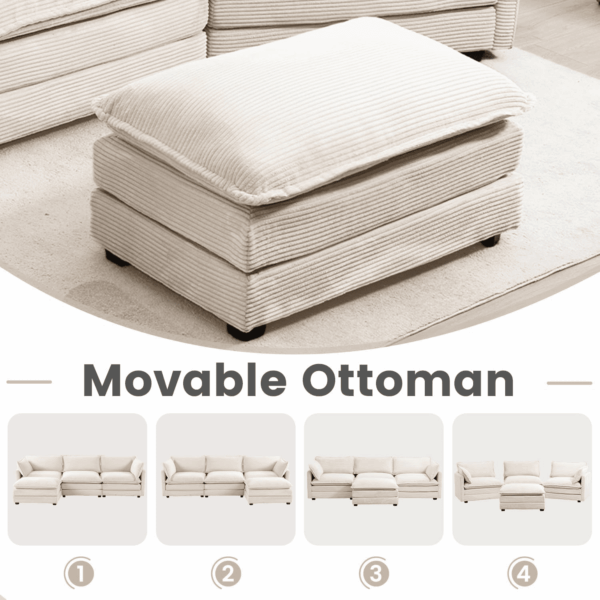 Oversized Modular Sectional Sofa with Movable Ottoman, 112 Inch 4 Seat Modern Corduroy Sofa Set, Convertible L Shaped Couch for Living Room and Office, Beige - Image 7