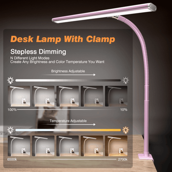 LED Desk Lamp for Office Home, Eye-Caring Desk Light with Stepless Dimming Adjustable Flexible Gooseneck, 10W USB Adapter Desk Lamp with Clamp for Reading, Study, Workbench (Pink) - Image 2