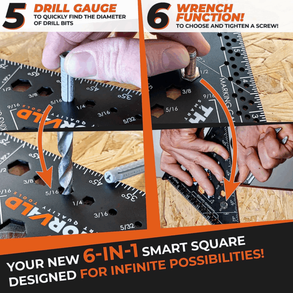 6-In-1 Carpenter Square 7 Inch (1/16" Precision) T Square Multi-Purpose Carpenter Tools : Wrench, Square, Protractor, Ruler, Marking Gauge, Drill Gauge, Includes 2-In-1 Carpentry Pencil - Image 3
