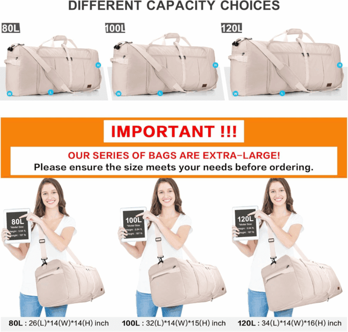 120L Travel Duffle Bag for Men and Women,  34” Large Duffle Bag for Traveling with Shoe Compartment, Foldable Duffel Bag Water & Tear Resistant (Beige) - Image 3