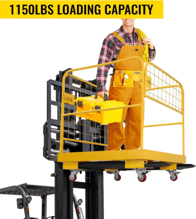Forklift Safety Cage 36''X36'' Heavy Duty Steel Forklift Work Platform 1150LBS Capacity with 4 Universal Wheels Collapsible Lift Basket Aerial Rails Aerial Platform, Yellow - Image 6