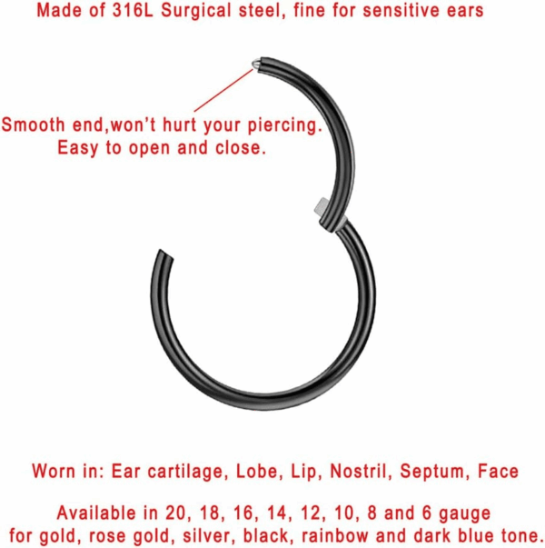 Men Women 316L Surgical Steel Hinged Nose Rings Hoop for Nostril Septum Cartilage Helix Daith Tragus Rook Conch Lip Ear Lobe Piercings - Image 2