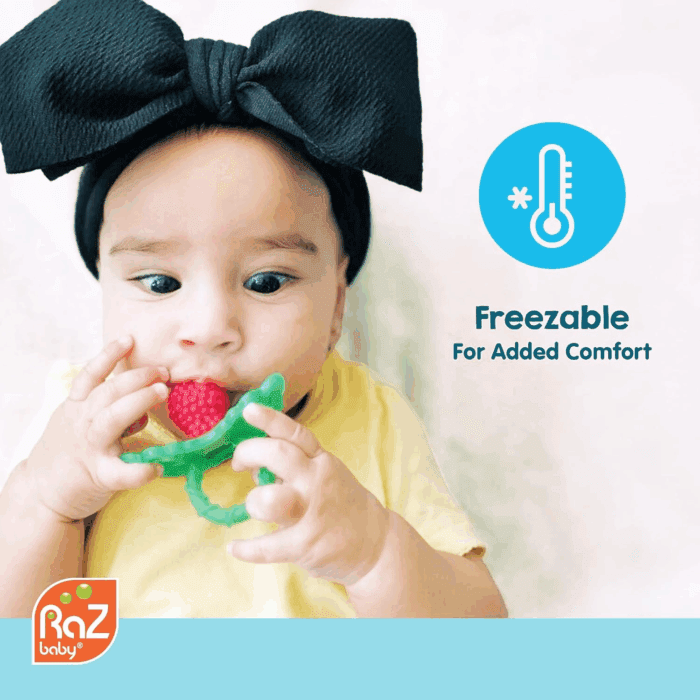 Razberry Silicone Teether Pacifier – Teething Relief for Infants, Food-Grade, Bpa-Free, Hands-Free, Natural Berrybumps Fruit Texture for Sensory Development, Freezable, 2-Pack - Red & Blue - Image 7