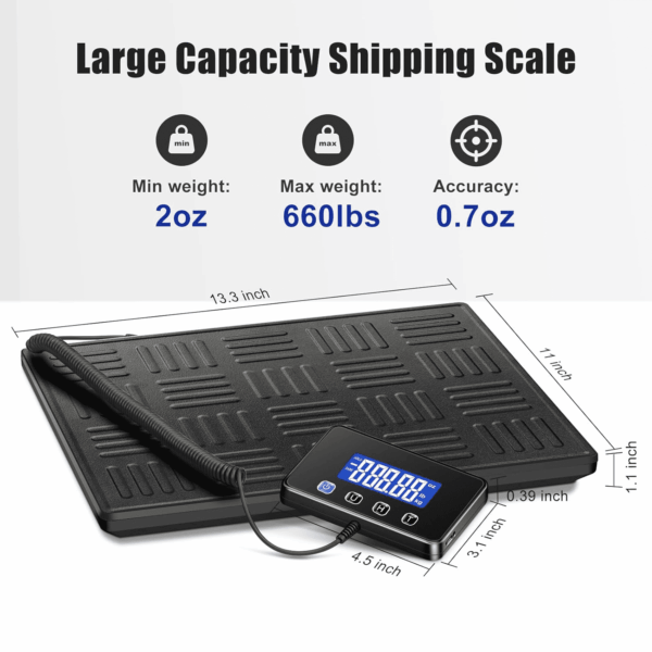 Shipping Scale, 660Lbs Heavy Duty Digital Luggage Scale for Packages, 0.35Oz High Accurate Postage Scale for Small Business, Warehouse, Home Use, Battery & Charging Cable Include - Image 2