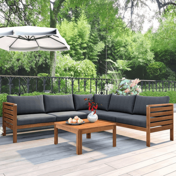 Outdoor Acacia Wood Sectional Sofa Set with Coffee Table and Removable Cushion, Wood Structure Furniture Set, Patio Conversation Set, Water-Resistant, UV Protected, Strong Metal Accessories, Grey - Image 5