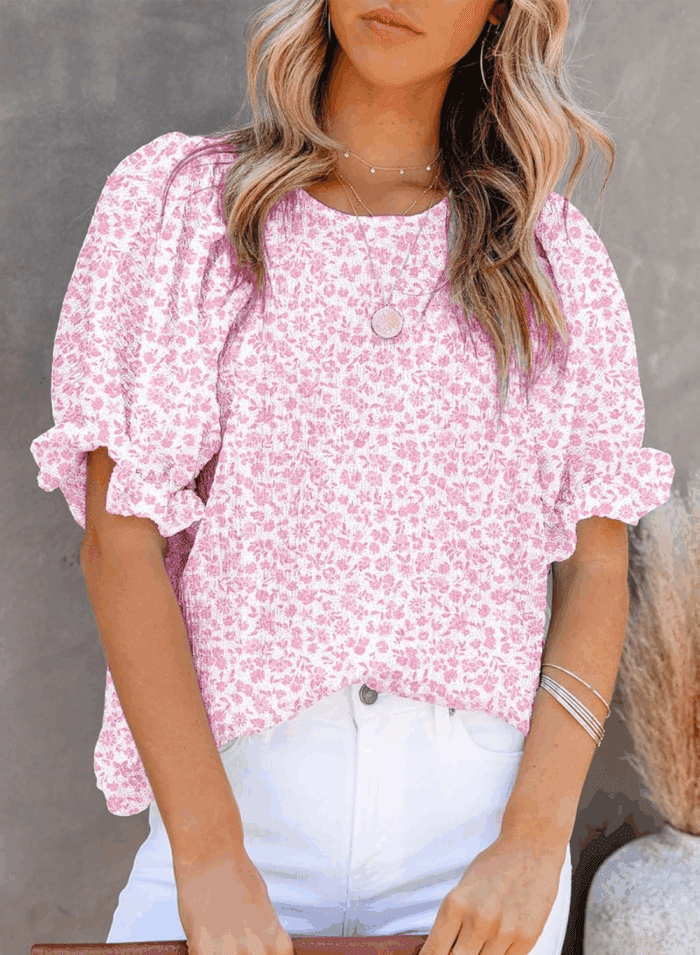 Floral Print Blouses for Women Crewneck Smocked Puff Sleeve Shirts Casual Babydoll Tops - Image 2