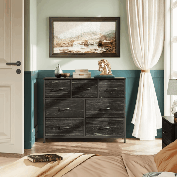 7 Drawer Dresser TV Stand, Entertainment Center, Media Console Table with Metal Frame and Wood Top for TV up to 45 Inch, Chest of Drawers for Bedroom, Charcoal Black Wood Grain Print - Image 4