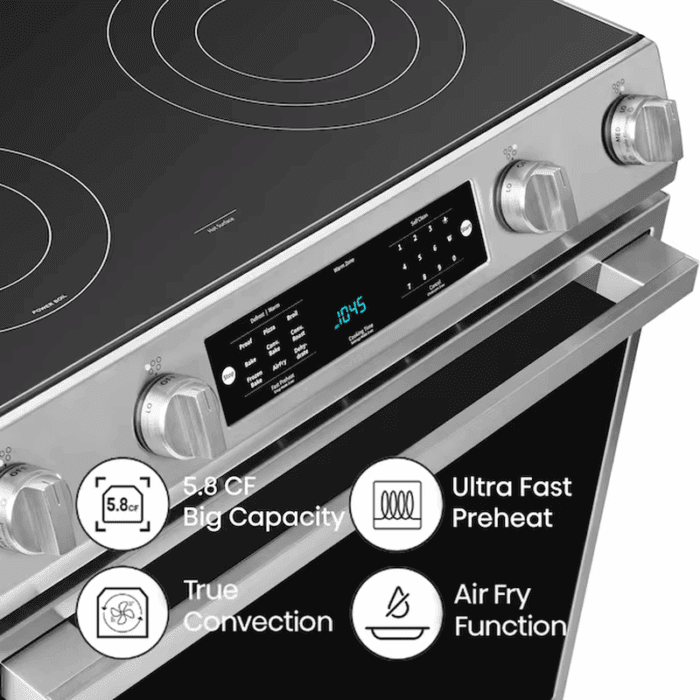 30-In Glass Top 5 Burners 5.8-Cu Ft Air Fry Convection Oven Slide-In Electric Range Stainless Steel ) - Image 3