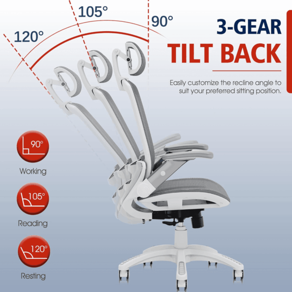 Ergonomic Office Chair, High Back Home Desk Chair with Headrest, Flip-Up Arms, 90-120° Tilt Lock and Wide Cushion, 400LBS Mesh Chairs for Man Woman, White Task Chair(Dark Grey,Gy01Wdg) - Image 8