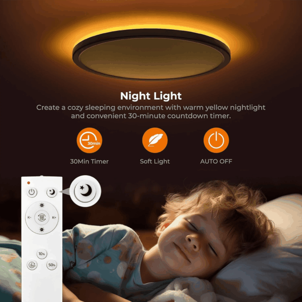 12In LED Flush Mount Ceiling Light Fixture with Remote Control, Nightlight 2000K Warm, 3000K-6500K Adjustable, Low Profile Ceiling Lights for Bedroom, Kitchen, Living Room, Black - Image 3