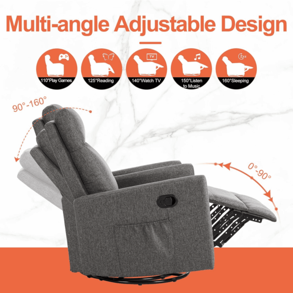 Recliner Chair, 360 Swivel Rocker Chair for Adults, Glider Rocker Recliners, Nursery Chairs for Living Room, High Back, Upholstered Deep Seat, Grey - Image 6