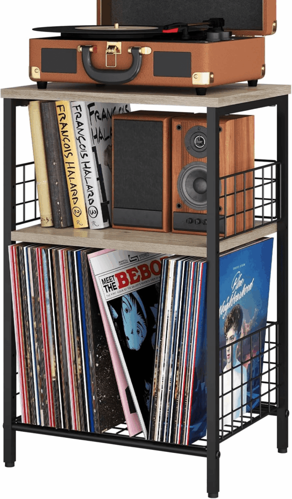 Side Table, Small End Table Record Player Stand with Storage, Vinyl Record Storage Night Stand for Living Room, Bedroom,Office(Patent Pending)(Greige & Black) - Image 6
