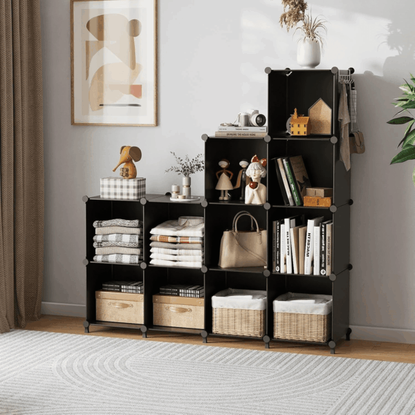 Cube Storage Organizer Closet Storage Shelves DIY Stackable Plastic Storage 12 Cube Bookshelf, Ideal Storage Organizer for Closet, Home, Bedroom, Black - Image 5