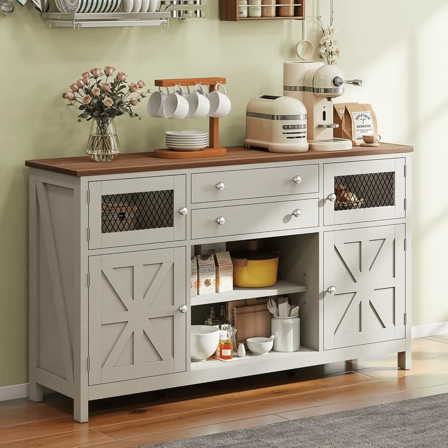 Farmhouse TV Stand for Tvs up to 65", Entertainment Center with 2 Large Drawers & Visual Grid Door, 59" Rustic TV Media Console for Living Room, Antique White - Image 5