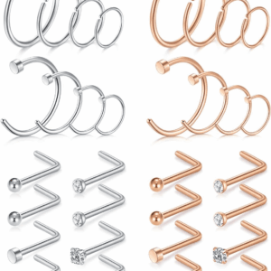 20G Stainless Steel Nose Rings Hoop L Shape Nose Studs Nose Screw Bone Silver Rose Gold Black Rainbow Pack for Women Men 28Pcs