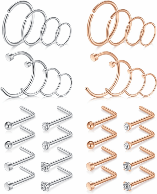 20G Stainless Steel Nose Rings Hoop L Shape Nose Studs Nose Screw Bone Silver Rose Gold Black Rainbow Pack for Women Men 28Pcs