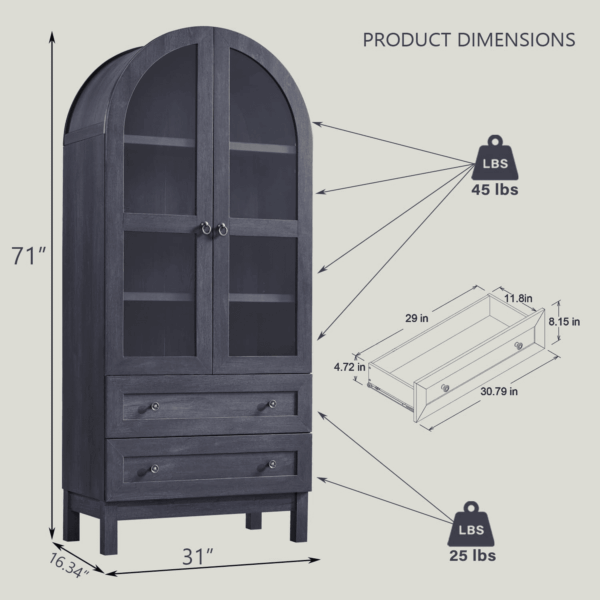 71" Tall Arched Kitchen Pantry Cabinet, Wood Kitchens Storage Cabinets with 2 Large Drawers and Adjustable Shelves, Modern Farmhouse Versatile Cupboard for Kitchen, Dining Room, Bathroom, Grey - Image 2