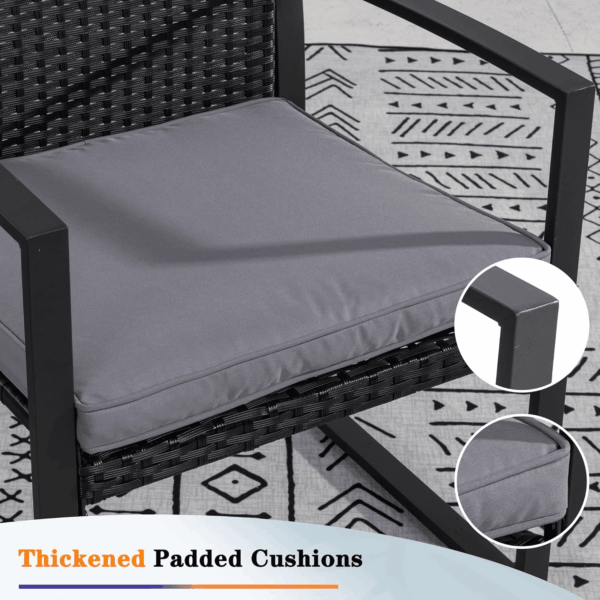3 Pieces Outdoor Patio Furniture Set, Modern Wicker Bistro Set, Conversation Rattan Chair of 2 with Coffee Table for Yard Porch Poolside Lawn(Grey Cushion) - Image 3
