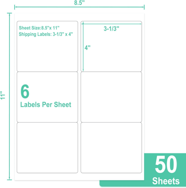 3-1/3" X 4" Printable White Sticker Labels, 300 Labels for Laser/Inkjet Printing - Matte (300 Labels, 50 Sheets) - Image 2