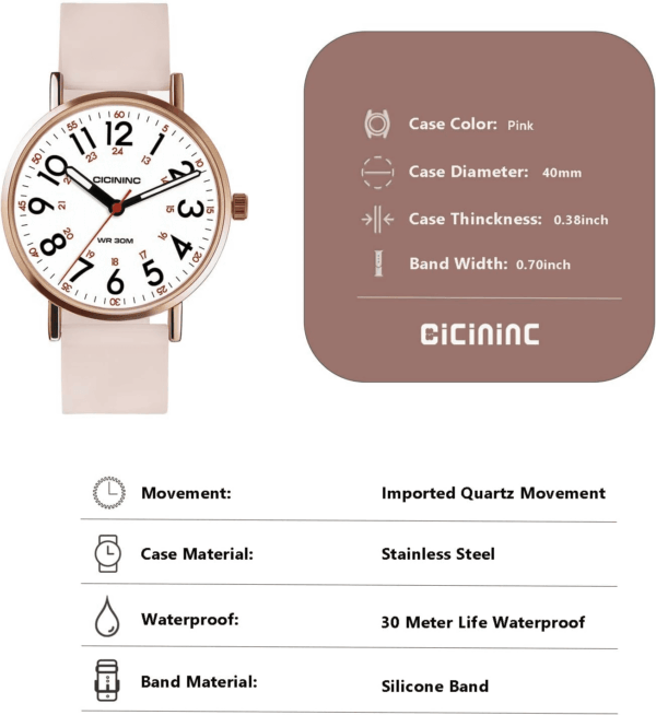 Nurse Watch for Medical Professionals Students Women Men, Analog Nursing Watches with 30M Waterproof 12/24 Hour Military Time, Second Hand, Easy to Read, Colorful Silicone Band - Image 6