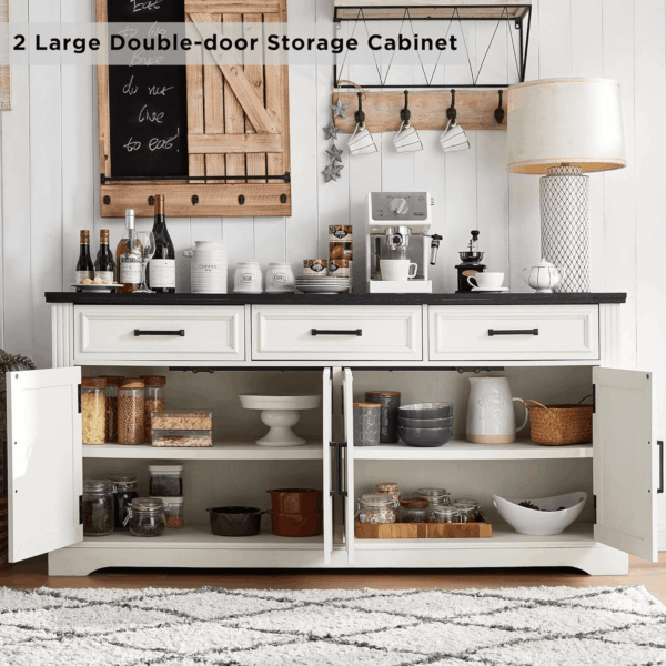 66" Large Buffet Sideboard Cabinet with 4 Doors and 3 Drawers, Buffet Table Coffee Bar Wine Bar Storage Cabinet for Dining Room, Living Room (Off White) - Image 4