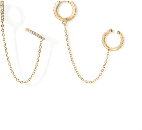 14K Gold Chain Earrings for Women | Double Piercing Dangle Chain Huggie Hoop Earrings | Cubic Zirconia Pearl Stud Ear Cuff Earrings for Women - Image 3