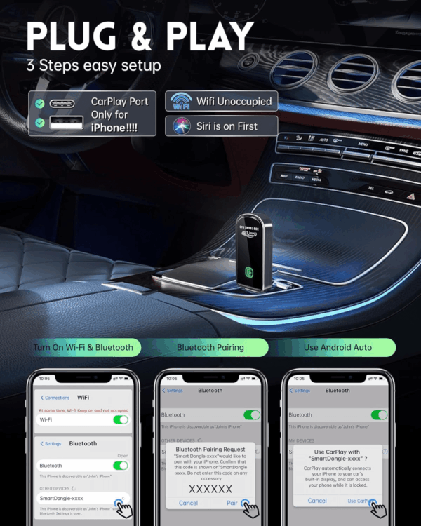 Wireless Carplay Adapter- Mini Edition, Converts Factory Wired to Wireless Carplay Dongle Plug & Play Carplay Wireless Adapter for Apple Iphone Ios 10+ & Cars from 2015+(Brushed Cobalt Blue) - Image 3