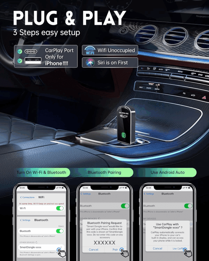Wireless Carplay Adapter- Mini Edition, Converts Factory Wired to Wireless Carplay Dongle Plug & Play Carplay Wireless Adapter for Apple Iphone Ios 10+ & Cars from 2015+(Brushed Cobalt Blue) - Image 3