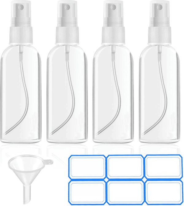 4 Pack 2 Oz (50Ml) Mini Spray Bottles Clear Travel Size Spray Bottles Leak Proof with Funnels and Labels