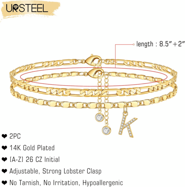 Ankle Bracelets for Women, 14K Gold Plated Dainty Layered Chain CZ Initial Anklets Set Summer Jewelry Gifts for Women - Image 2