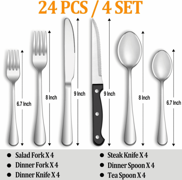 24 Pcs Silverware Set with Steak Knives Service for 4,Stainless Steel Flatware Set,Mirror Polished Cutlery Utensil Set,Home Kitchen Eating Tableware Set,Include Fork Knife Spoon Set,Dishwasher Safe - Image 2