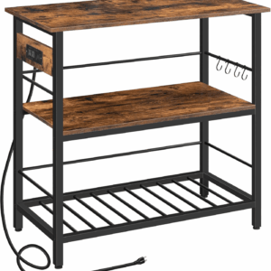 Kitchen Island with Storage, Kitchen Island Table with Power Outlet, 35.4" L 3 Tier Coffee Station and Microwave Stand, for Home, Dining Room, Rustic Brown and Black BF021ZD01