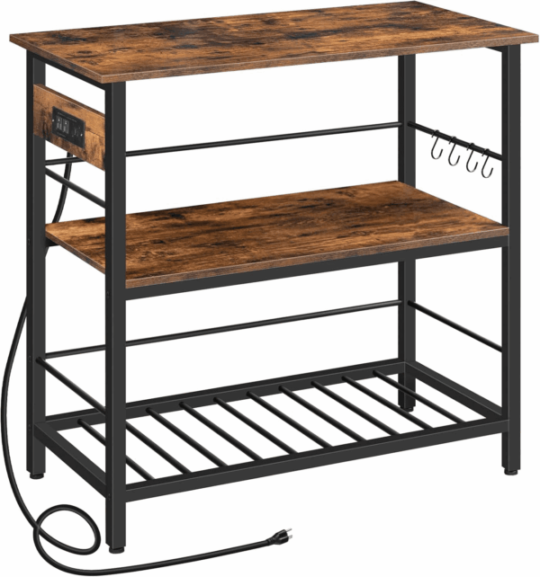 Kitchen Island with Storage, Kitchen Island Table with Power Outlet, 35.4" L 3 Tier Coffee Station and Microwave Stand, for Home, Dining Room, Rustic Brown and Black BF021ZD01