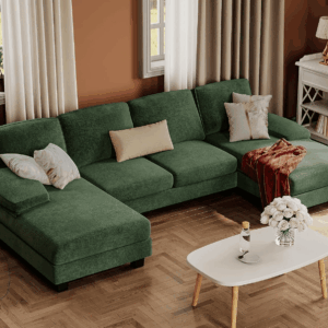 Sectional Couches for Living Room, U-Shaped Sofa Couch with Linen Fabric, 4 Seat Sofa Set with Double Chaise for Apartment (Fabric, Green)