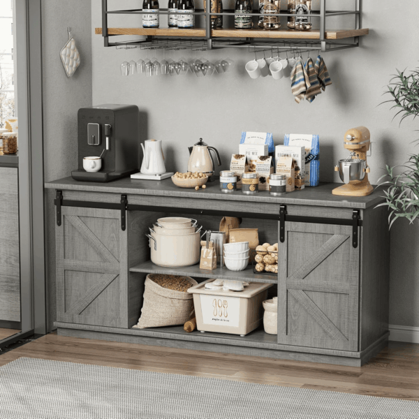 Farmhouse Sideboard Buffet Cabinet, Coffee Bar Storage with Sliding Barn Doors, Shelf for Home Dining Room, Grey - Image 3