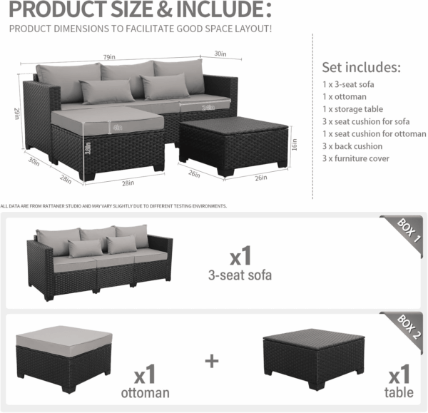 3 Pieces Patio Furniture Set Outdoor Sectional Wicker Patio Furniture Patio Couch with Ottoman and Outdoor Storage Table All-Weather Anti-Slip Cushions Waterproof Covers, Light Grey - Image 7