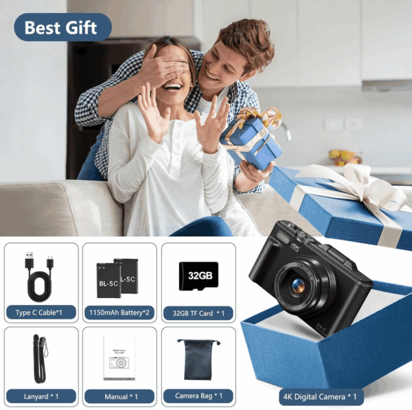 Digital Camera for Photography, 4K Vlogging Camera for Youtube 3" 180° Flip Screen 18X Digital Zoom Compact Retro Cameras with 32GB TF Card & 2 Batteries, Black - Image 8