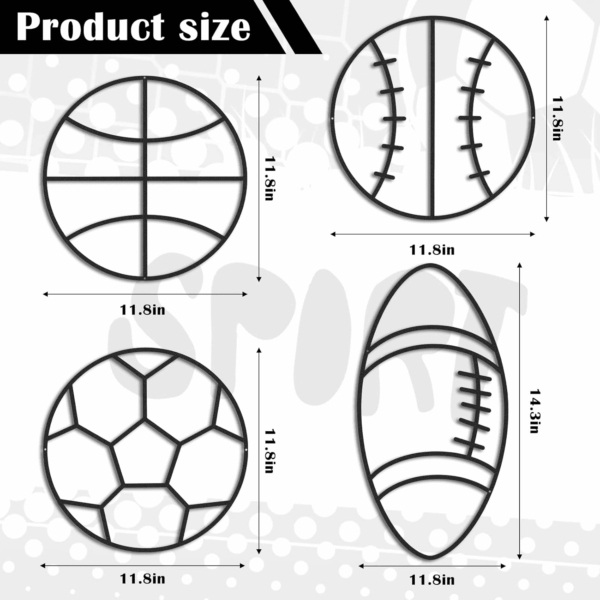 4 Packs Sports Room Decor for Boys Metal Modern Soccer Wall Art Decor Black Basketball Baseball Football Hanging Room Decorations for Kids Boy Sports Playroom Bedroom Nursery - Image 2