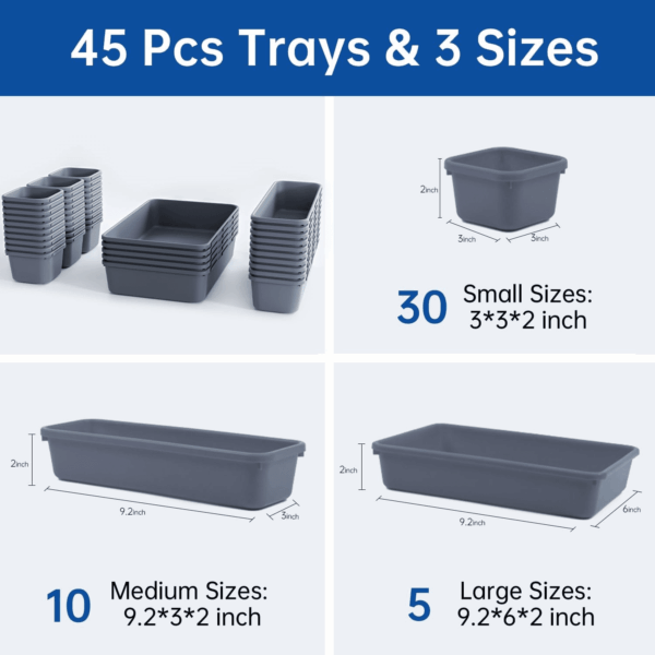 45 Pack Tool Box Organizer Tray, 3-Sizes Tool Box Organizers and Storage, for Hammer, Wrench, Screw, Small Parts Toolbox Organization, Tool Cart Chest Garage Drawer Organizer Tray, Grey - Image 4