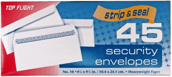 Number 10 Boxed Security Envelopes, Strip and Seal Closure, 4 1/8 X 9 1/2 Inches, White, 45 Envelopes per Box (6900120)