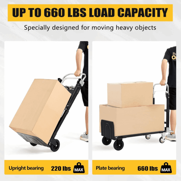 2025 New Upgrade Hand Truck Dolly Heavy Duty 660Lbs Capacity,3 in 1 Folding Hand Truck with Telescoping Handles and Rubber Wheels,Portable Dolly Cart with Brakes and Bungee Cords for Moving - Image 6